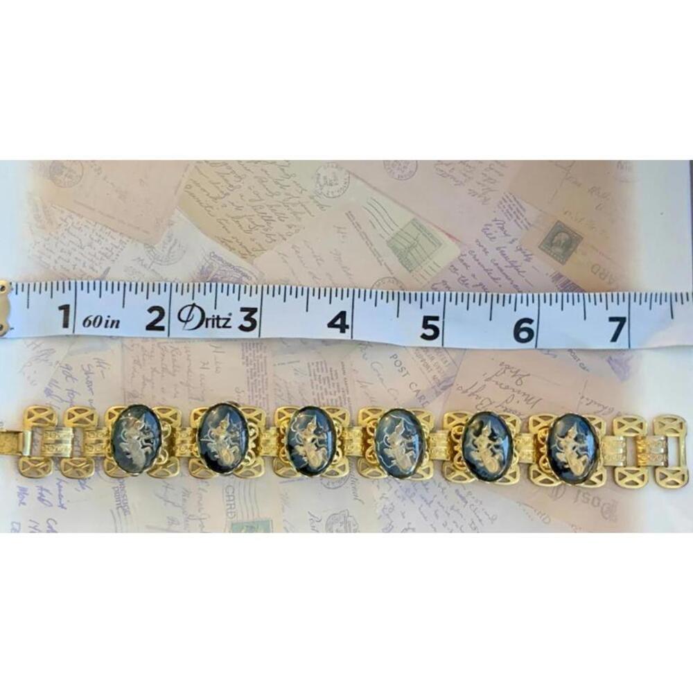 Vintage Black & Gold-Finish Thai Dancer Link Bracelet -Intaglio Cabochon Jewelry - Picture 6 of 6